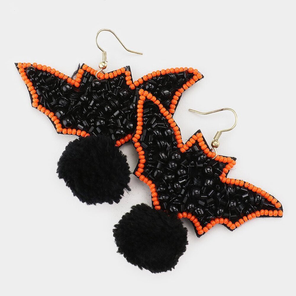 Black Bat Pom Pom Earrings
